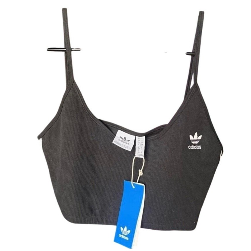 Adidas Originals Women Black Ribbed 3-Stripe Crop Cami Top Trefoil Logo Small NW